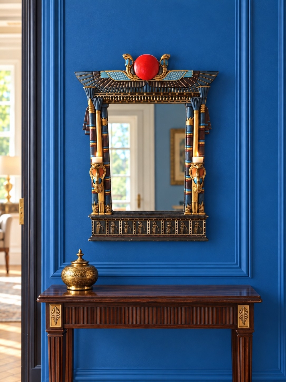 Vintage 60 Custom Made Egyptian Mirror in Blue, Gold and Red